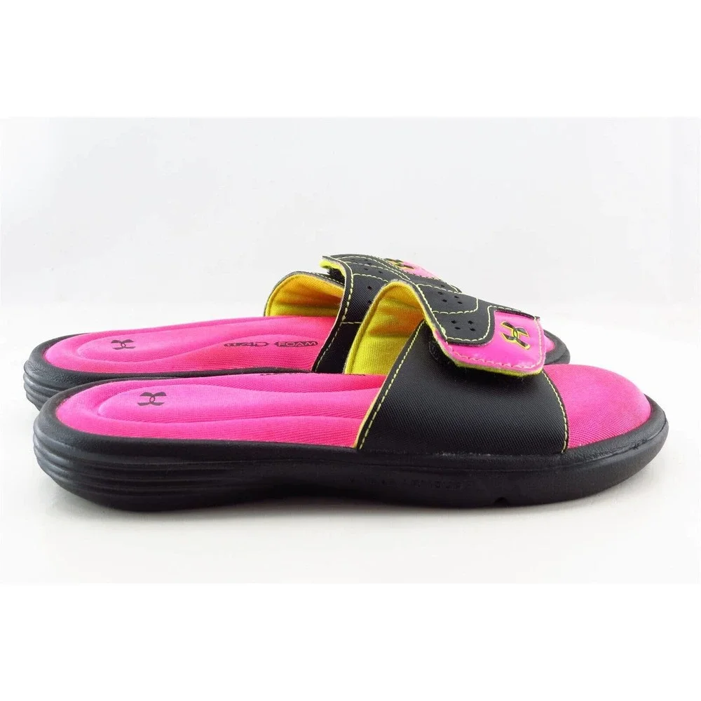 Under Armour Girls' Slides Size 2 Black Synthetic Adjustable‎ Comfort Sandals
